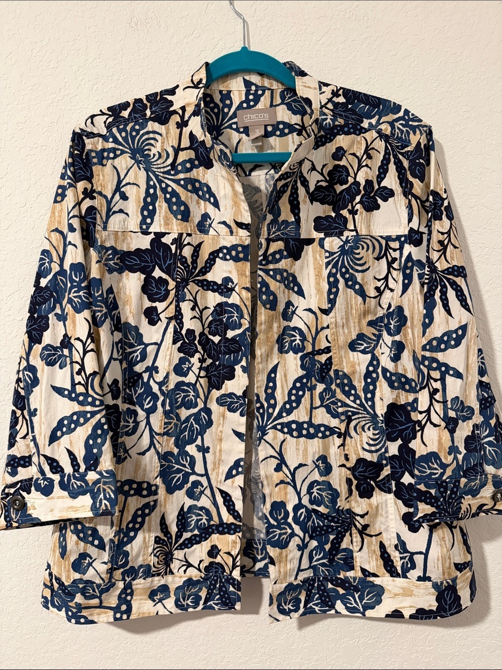 Chico's Navy Floral Print Cotton Jacket